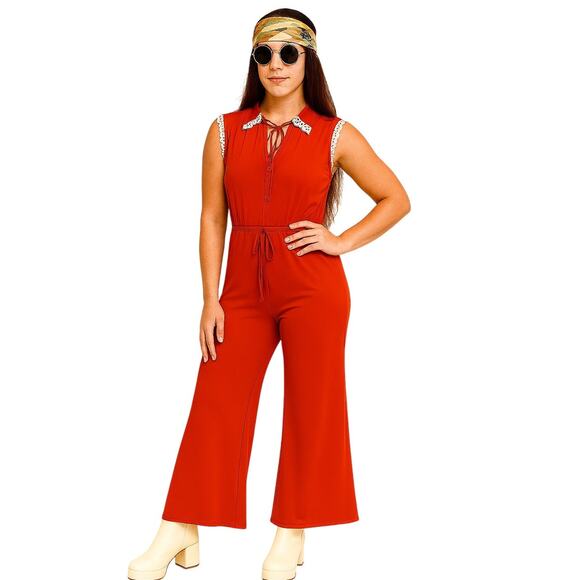 Vintage 70s Frederick's of Hollywood Red Jersey Jumpsuit USA Union 13/14 Retro - Picture 1 of 10